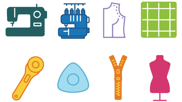 Sewing machine and tools icon set for fashion design and crafting