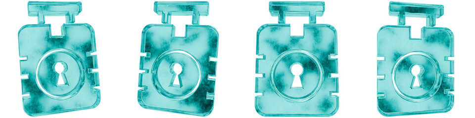 Obraz premium Set of four 3D travel bag lock shapes in frosted blue ice glass style, isolated on a transparent background. Glassmorphism icons and 3D elements for modern graphic design.