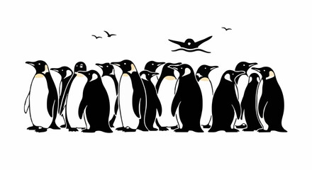 Obraz premium Penguins standing together in a group with birds flying above in a serene landscape viewed from the side