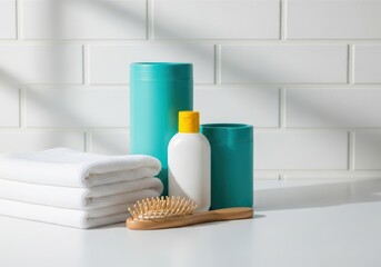 Bathroom essentials with towels and toiletries on a clean white surface with teal tubes
