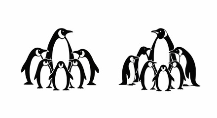 Obraz premium Penguins gathered in a group, standing together, viewed from the side in a simple illustration style