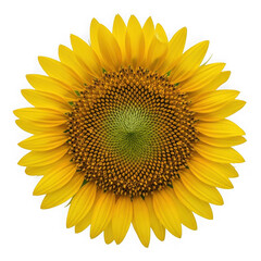 Obraz premium Single blooming yellow sunflower flower head with detailed seeds isolated on transparent background