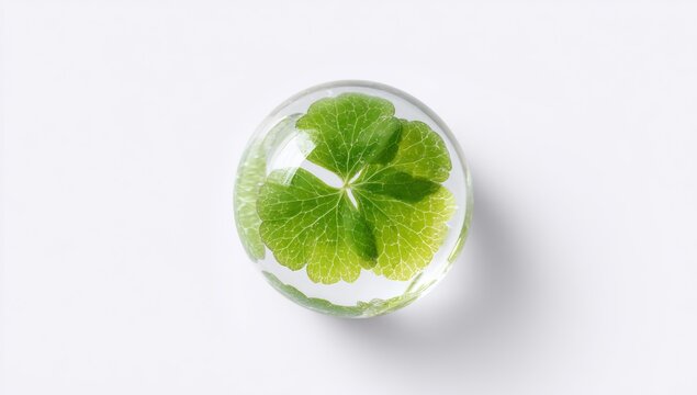 Clear glass sphere with green centella asiatica leaf inside