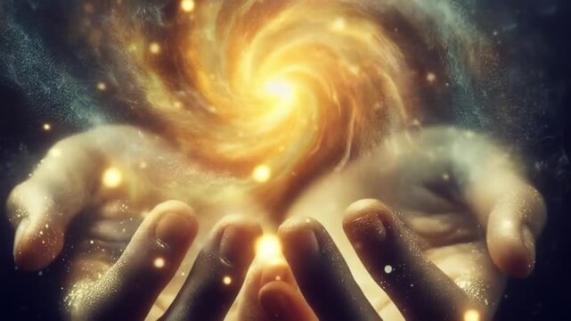 Spinning Vortex of Light Floating Above the Palm with an Outer Space Atmosphere