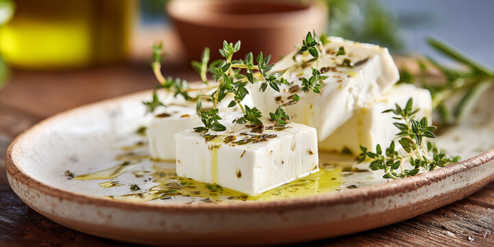 Angled scene of soft white Telemea on ceramic plate with herbs and olive oil drizzle