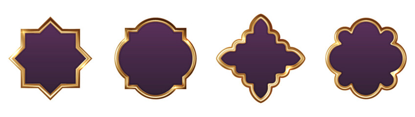 Elegant purple and gold islamic frames with glossy metallic borders for premium religious stationery