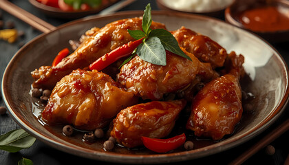 Fototapeta premium A delicious plate of spicy chicken wings garnished with fresh herbs