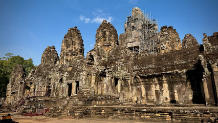 Panorama view of the Bayon temple located in the Angkor Thom area of Cambodia
