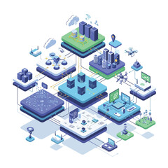 Isometric illustration of a cartoon dragon surrounded by various technology and industry elements on colorful platforms with a cute and modern design.