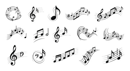 Obraz premium Collection of stylish black and white musical notes symbols elegantly flowing across staff lines