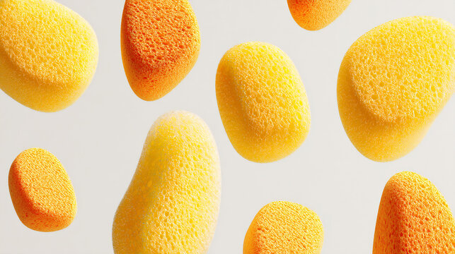 Soft sponge-like abstract shapes floating in warm yellow tones, creating a playful organic background suitable for creative, cosmetic, or modern design concepts.