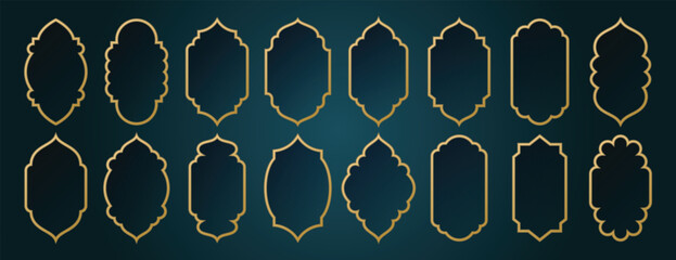 Islamic window frame set with golden luxury borders on teal background