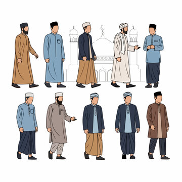 Diverse group of Muslim men wearing traditional Islamic clothing like thobes, koko shirts, and peci caps, illustrated against a mosque background.