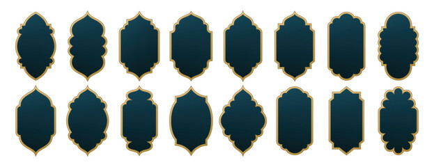 set of vintage golden frames with dark teal fill for design premium islamic labels, arabian banner, and mosque windows