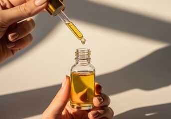 Hands holding a small glass bottle with yellow liquid and a dropper