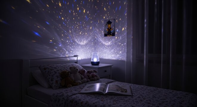 A child's bedroom at night, a nightlight projecting stars on the ceiling, stuffed animals on the bed, and a storybook open on the pillow. A magical, dreamy atmosphere.