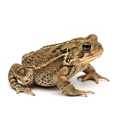 Naklejka premium A brown toad sitting on a white surface isolated on white background