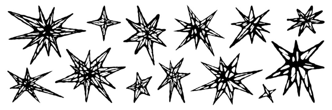 Set of jagged irregular stars shape with gothic spike and thorn lines. Grunge elements for design. Vector isolated illustration