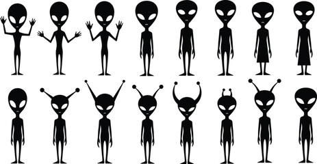 Set of black silhouette alien characters in different poses and antenna styles, science fiction cartoon figures, extraterrestrial creature collection,  © Its me...