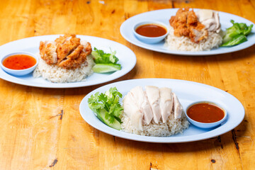 Thai Hainanese Chicken Rice with Crispy Chicken and Dipping Sauce