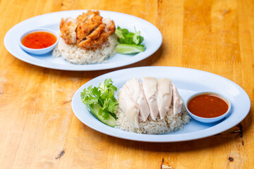 Thai Hainanese Chicken Rice with Crispy Chicken and Dipping Sauce