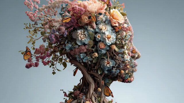 Woman silhouette with mind tree blooming flowers and butterflies, positive thinking and self care mental health concept, surreal nature illustration on clean background
