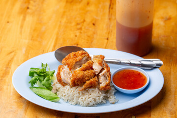 Thai Hainanese Chicken Rice with Crispy Chicken and Dipping Sauce
