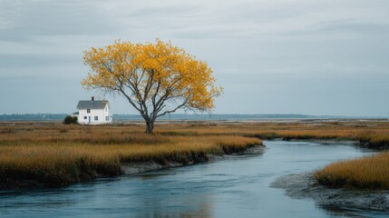 a yellow tree stands on the edge of an blue marsh. there is also a white house in front of it, and behind it lies a gray sea
