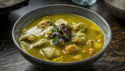A close-up of a delicious green soup served in a rustic bowl, garnished with herbs and spices, showcasing fresh vegetables and dumplings