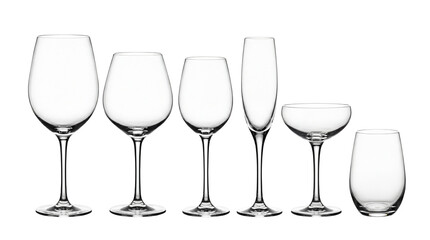 Set of six assorted glassware on transparent background