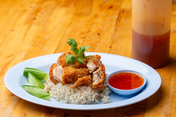 Thai Hainanese Chicken Rice with Crispy Chicken and Dipping Sauce