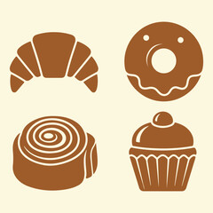 Brown vector bakery icon set featuring croissant, donut, cinnamon roll and cupcake.