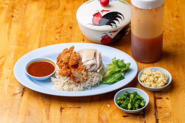 Thai Hainanese Chicken Rice with Crispy Chicken and Dipping Sauce