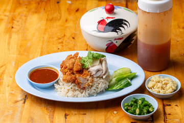 Thai Hainanese Chicken Rice with Crispy Chicken and Dipping Sauce