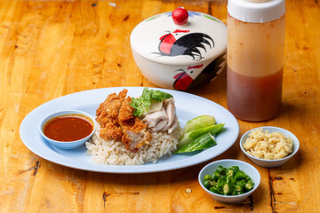 Thai Hainanese Chicken Rice with Crispy Chicken and Dipping Sauce