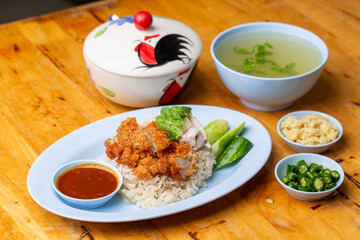 Thai Hainanese Chicken Rice with Crispy Chicken and Dipping Sauce