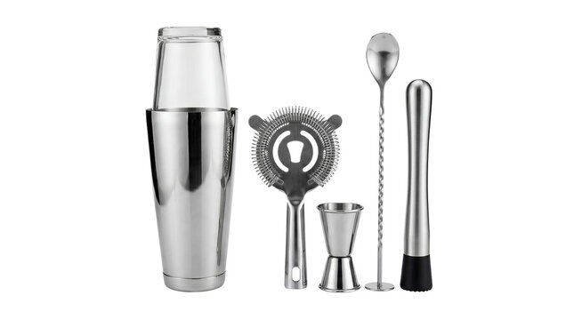 Cocktail shaker set with bar tools on transparent background