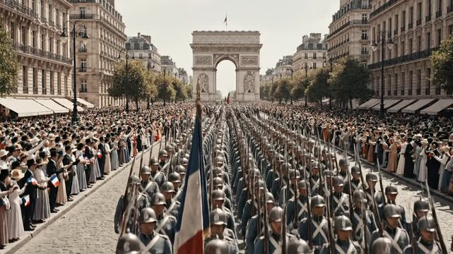 Historical French soldiers marching past Arc de Triomphe in Paris