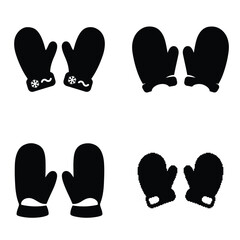 Black and white vector silhouette icon set of winter mittens and knitted gloves.
