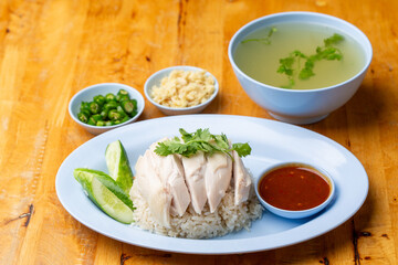 Thai Hainanese Chicken Rice with Crispy Chicken and Dipping Sauce