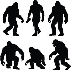 Bigfoot silhouette collection set, Sasquatch vector illustration bundle featuring walking and crouching poses, mythical forest creature black shadow isolated design