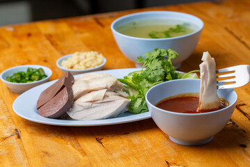 Thai Hainanese Chicken Rice with Crispy Chicken and Dipping Sauce