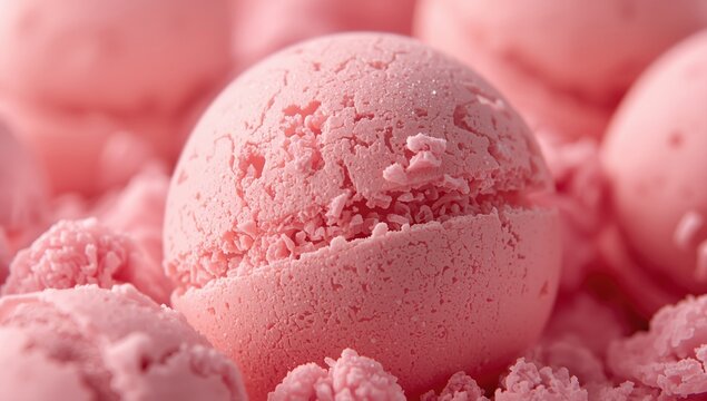 Close-up of pink raspberry ice cream scoops with a soft and creamy texture, surrounded by raspberry bits for a delightful dessert experience