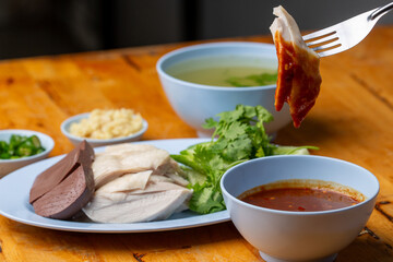 Thai Hainanese Chicken Rice with Crispy Chicken and Dipping Sauce
