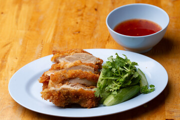 Thai Hainanese Chicken Rice with Crispy Chicken and Dipping Sauce