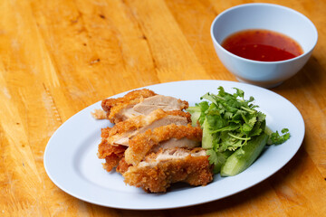 Thai Hainanese Chicken Rice with Crispy Chicken and Dipping Sauce