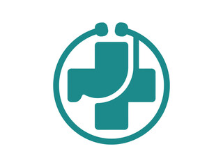 Obraz premium A teal-colored cross and stethoscope form a medical symbol within a circle.