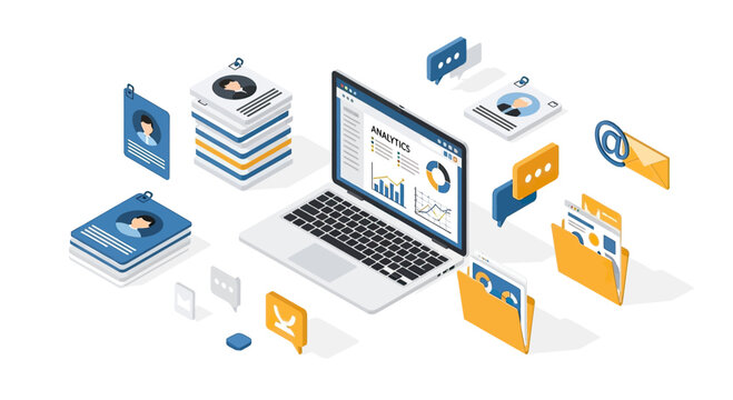 Isometric illustration of a laptop with data analysis surrounded by various digital documents and icons.