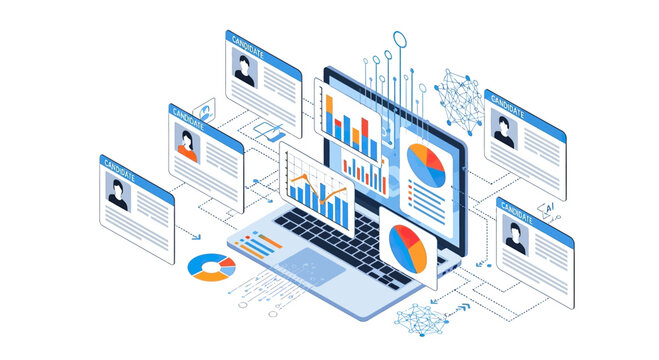 Isometric Laptop with Data Analytics and User Profiles.