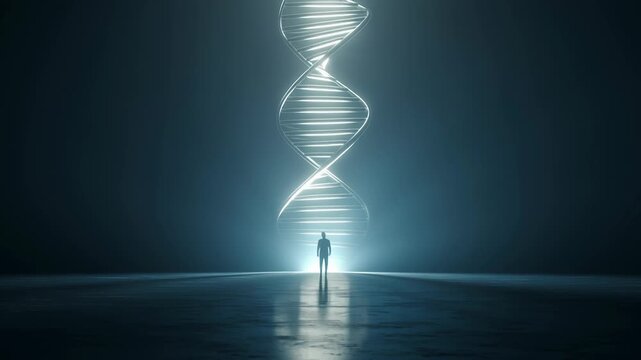 A person is standing in a dimly lit room with a DNA strand in the background. Minimal cinematic of a DNA helix casting light onto a human silhouette, knowledge and potential metaphor
